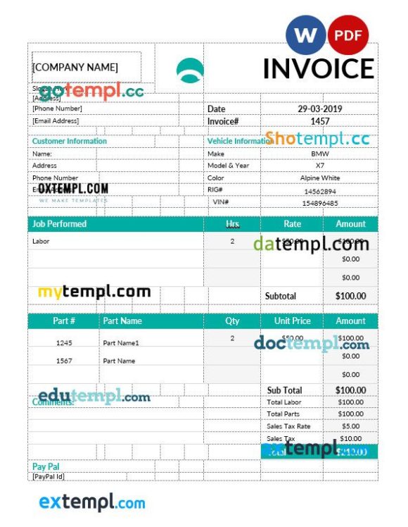 Car Repair Invoice example in word and pdf format
