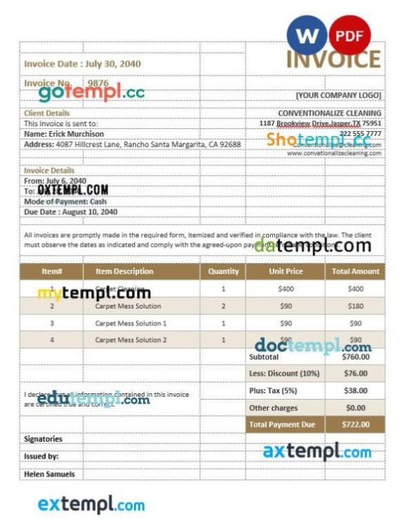 Carpet Cleaning Service Invoice example in word and pdf format