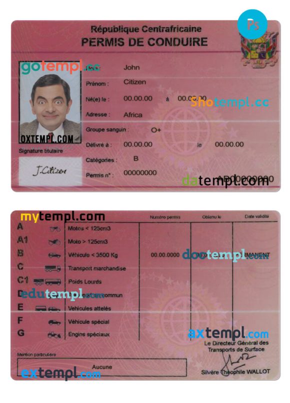Central Africa driver license PSD template