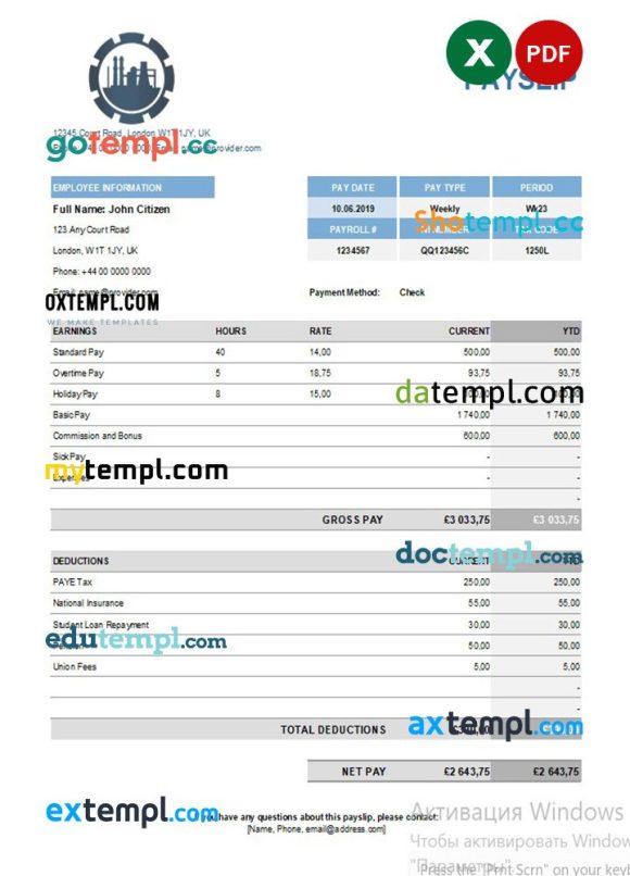 Chemical company payslip example in Excel and PDF formats