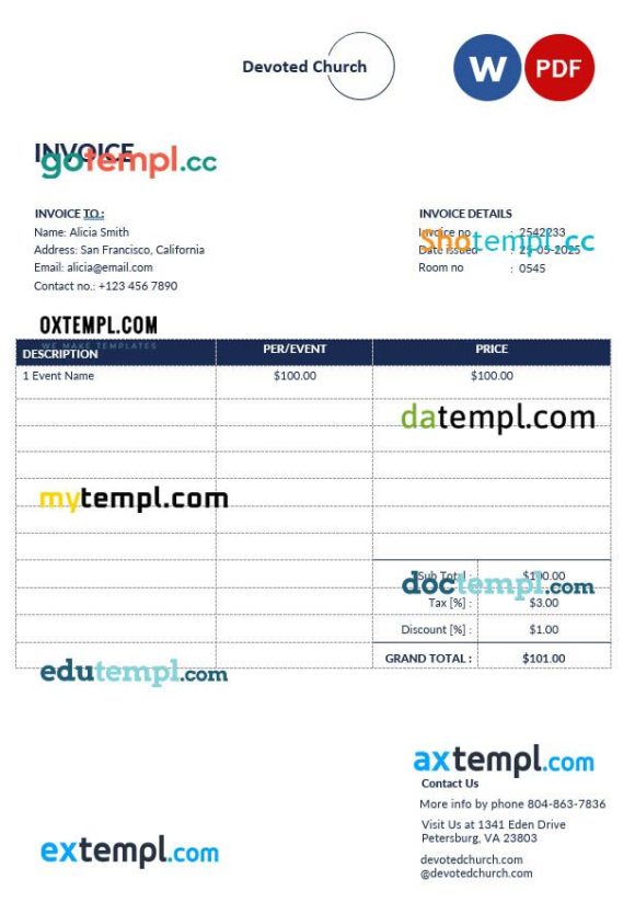 Church Service Invoice example in word and pdf format