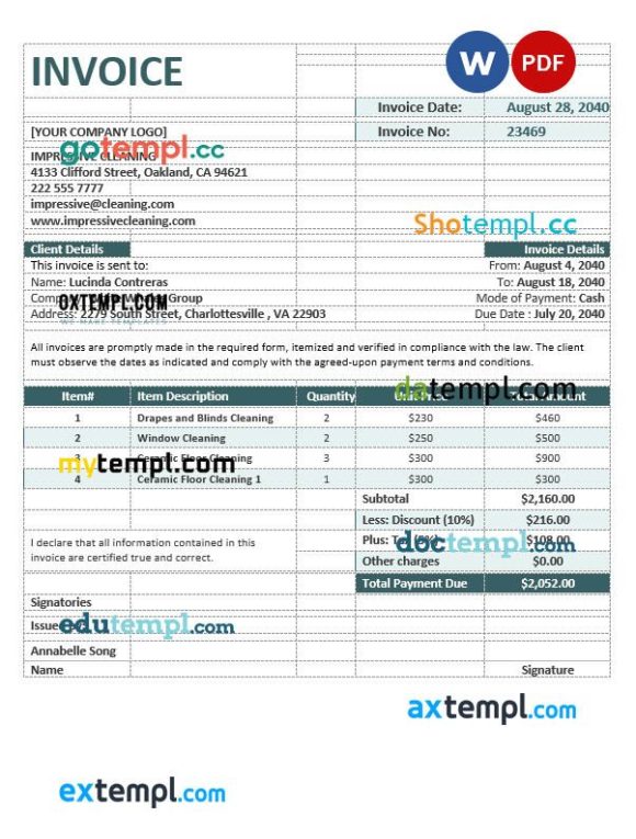 Cleaning Company Invoice example in word and pdf format