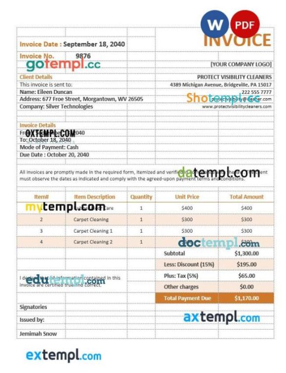 Cleaning Service Invoice Form example in word and pdf format
