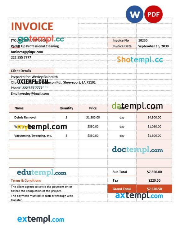 Cleaning Services Contract Agreement Invoice example in word and pdf format