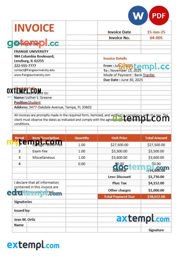 College Tuition Invoice example in word and pdf format