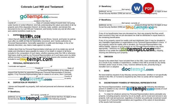 Colorado Last Will and Testament example, fully editable