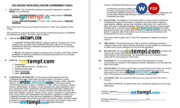Colorado Non-Disclosure Agreement NDA Word example, completely editable