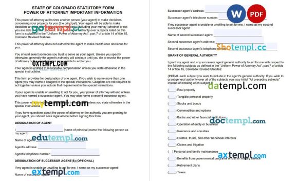 Colorado Statutory Durable Power of Attorney Form 2 example, fully editable