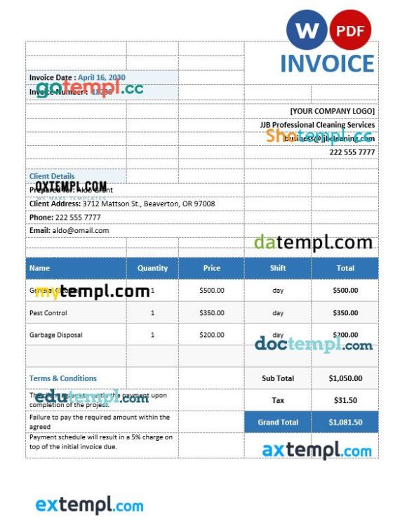Commercial Cleaning Service Invoice example in word and pdf format