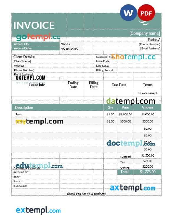 Commercial lease invoice example in word and pdf format