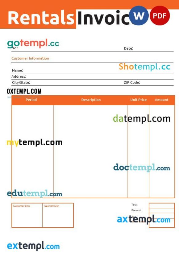 Commercial Rental Invoice example in word and pdf format