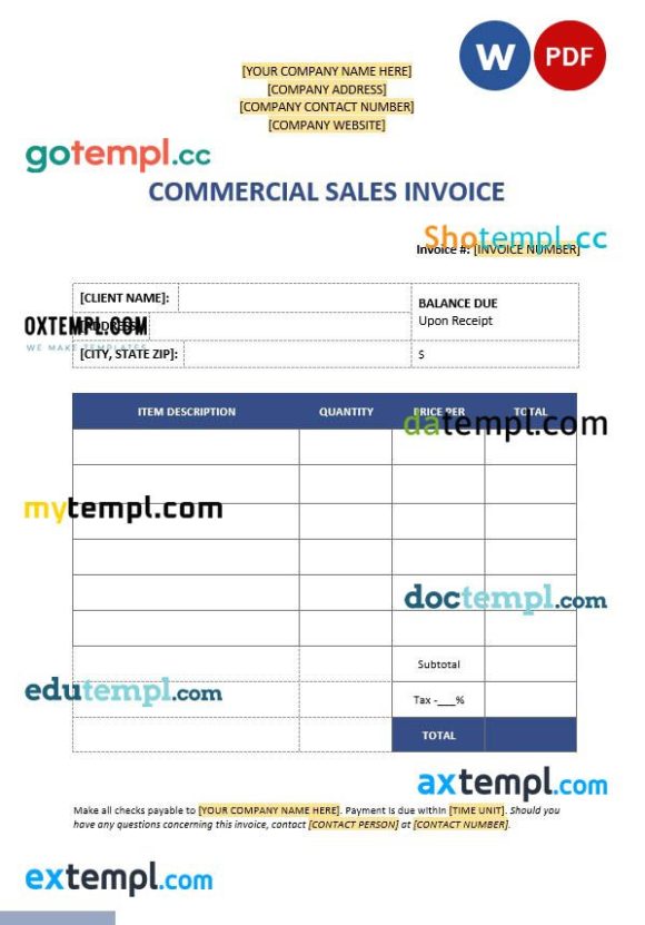 Commercial Sales Invoice example in word and pdf format
