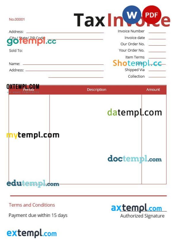 Commercial Tax Invoice example in word and pdf format
