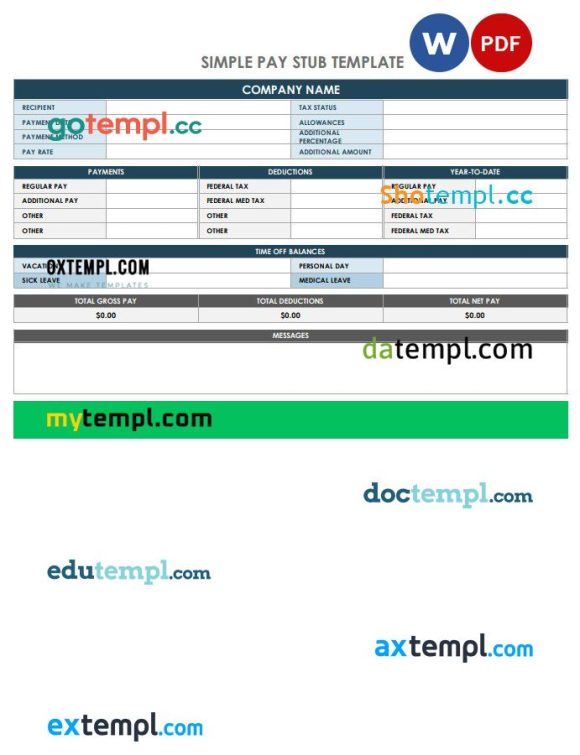 Company pay stub example in PDF and Word formats