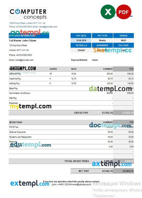 Computer corporation payroll example in Excel and PDF formats