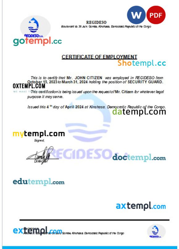 Congo Regideso certificate of employment Word and PDF download template