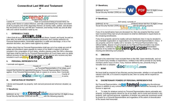 Connecticut Last Will and Testament example, fully editable