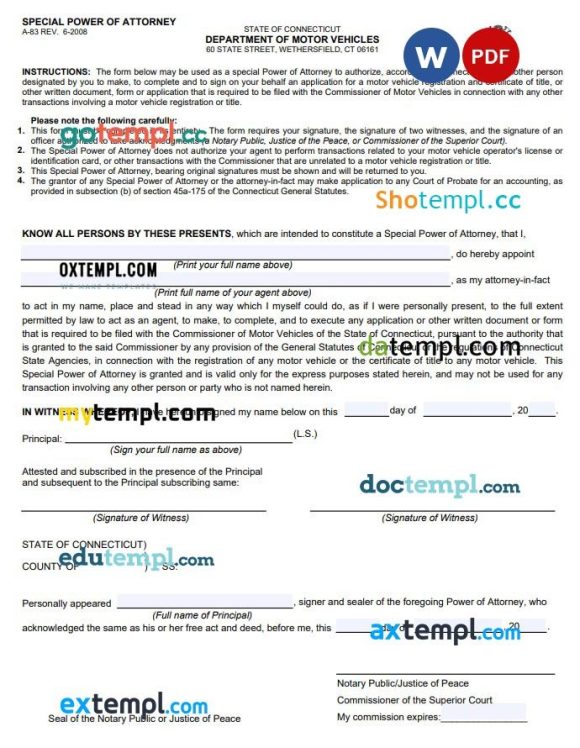 Connecticut Motor Vehicle Power of Attorney pexample, fully editable