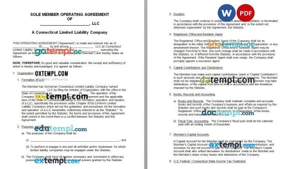 Connecticut Single-Member LLC Operating Agreement Word example, completely editable