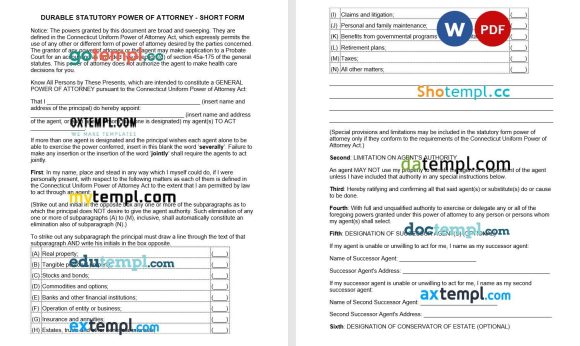 Connecticut Statutory Durable Power of Attorney Short Form example, fully editable