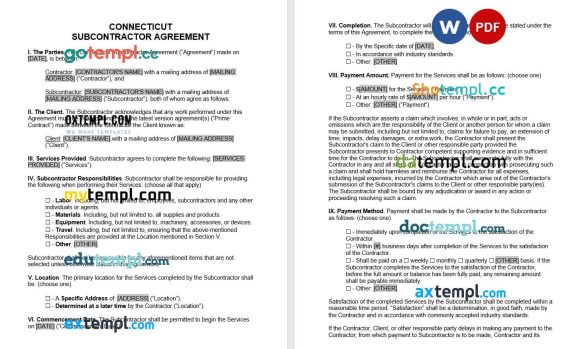 Connecticut Subcontractor Agreement Word example, fully editable