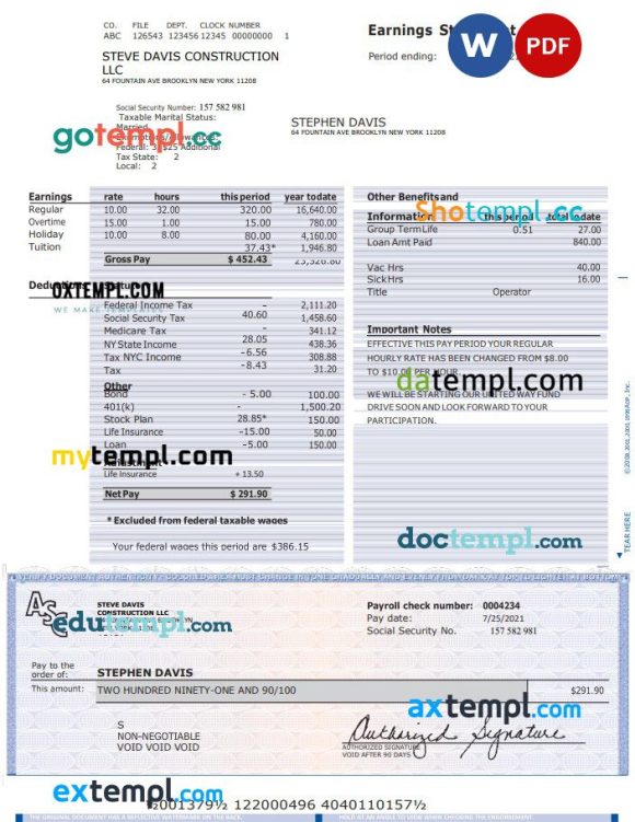 CONSTRUCION LLC earnings statement Word and PDF example