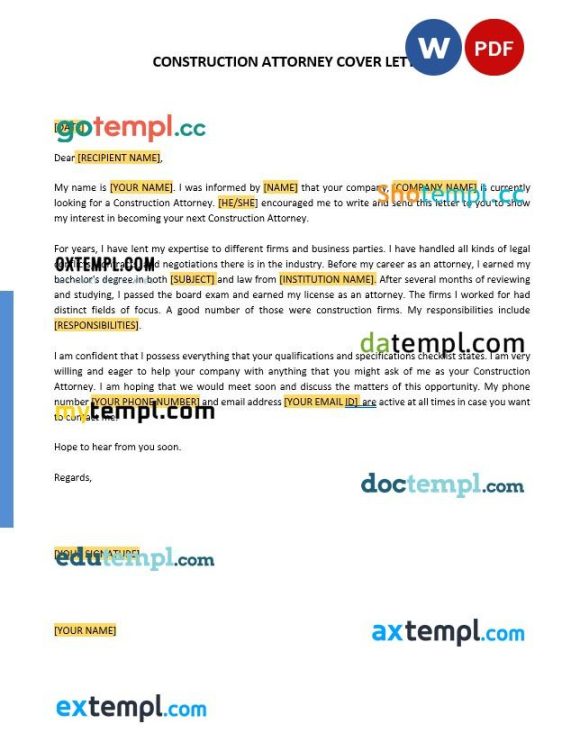 Construction Attorney Cover Letter example, fully editable