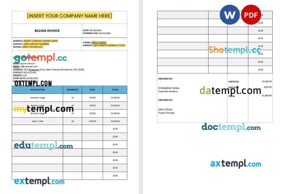 Construction Billing Invoice example in word and pdf format