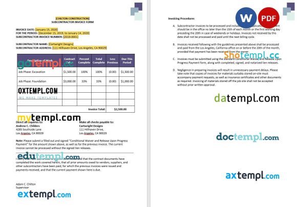 Construction Subcontractor Invoice example in word and pdf format