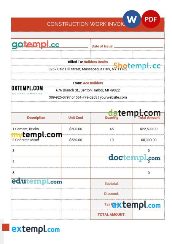 Construction Work Invoice example in word and pdf format