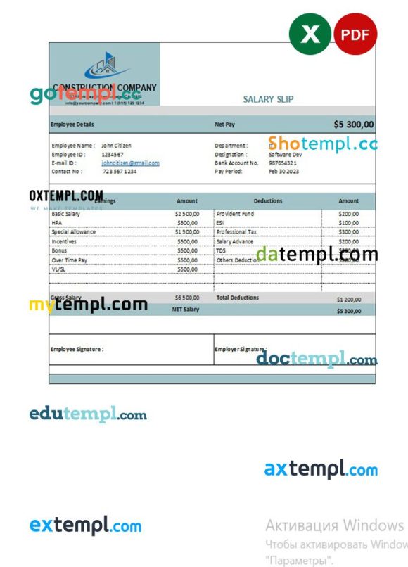 Construction company earning statement example in Excel and PDF formats