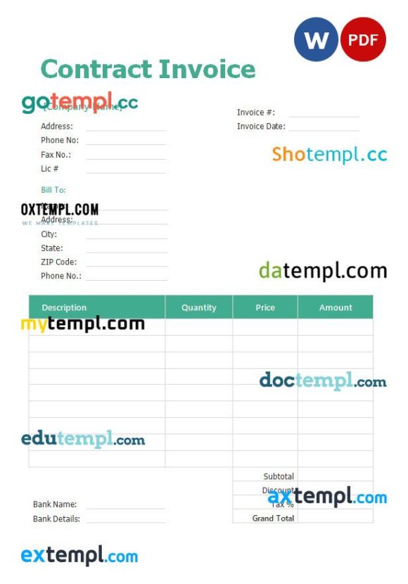 Contract Invoice example in word and pdf format