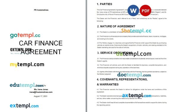 Copy of Car Finance Agreement Word example, fully editable