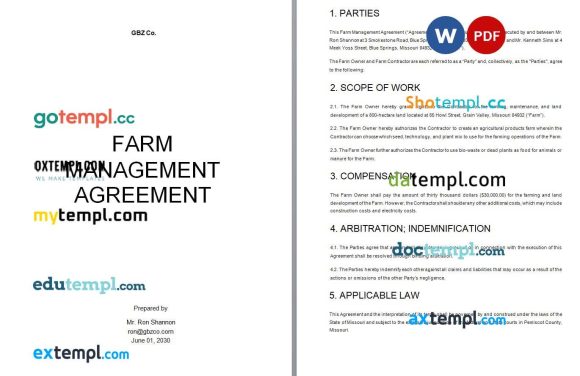 Copy of Farm Management Agreement Word example, fully editable