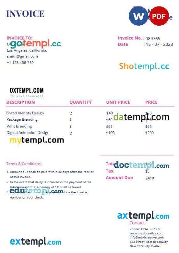 Creative Agency Invoice example in word and pdf format
