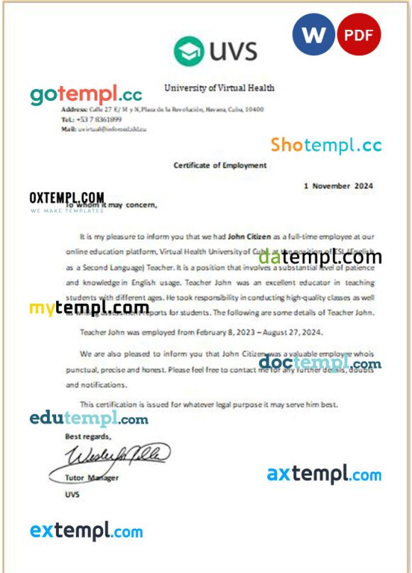 Cuba University of Virtual Health certificate of employment Word and PDF download template