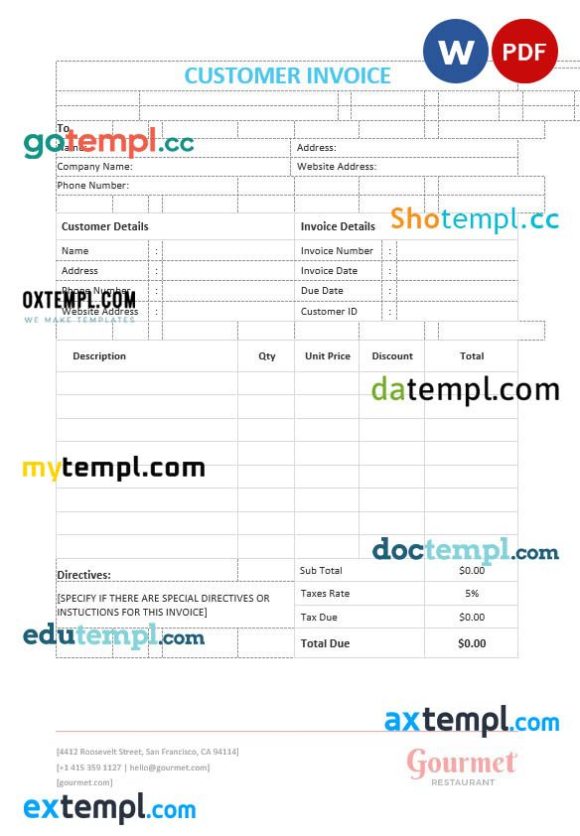 Customer Invoice example in word and pdf format