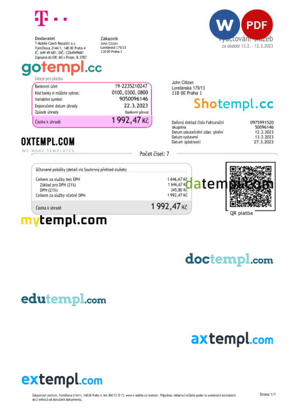 Czech T-Mobile utility bill download Word and PDF example