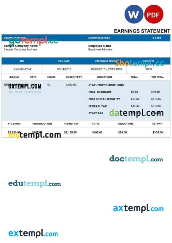DARKBLUE pay stub Word and PDF example