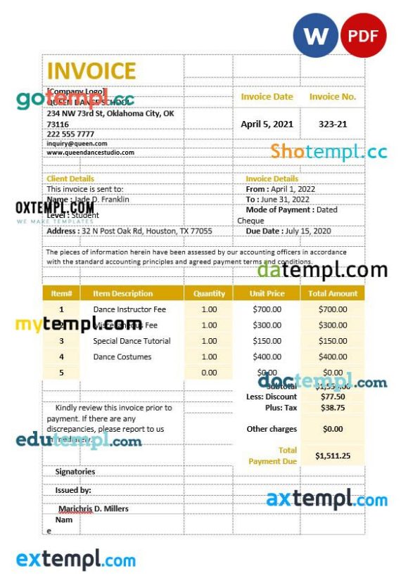 Dance School Invoice example in word and pdf format