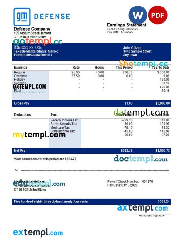 Defence company earning statement example in Word and PDF formats