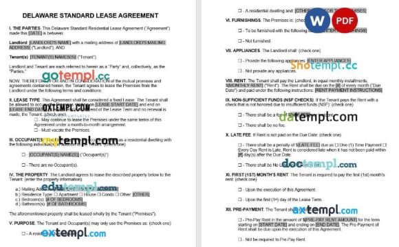Delaware Standard Residential Lease Agreement Word example, fully editable