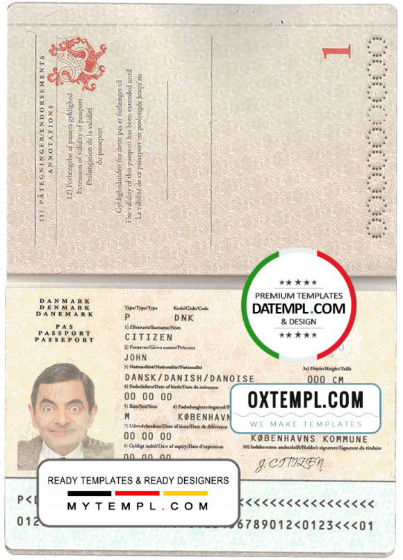 Danish passport example in PSD format, fully editable
