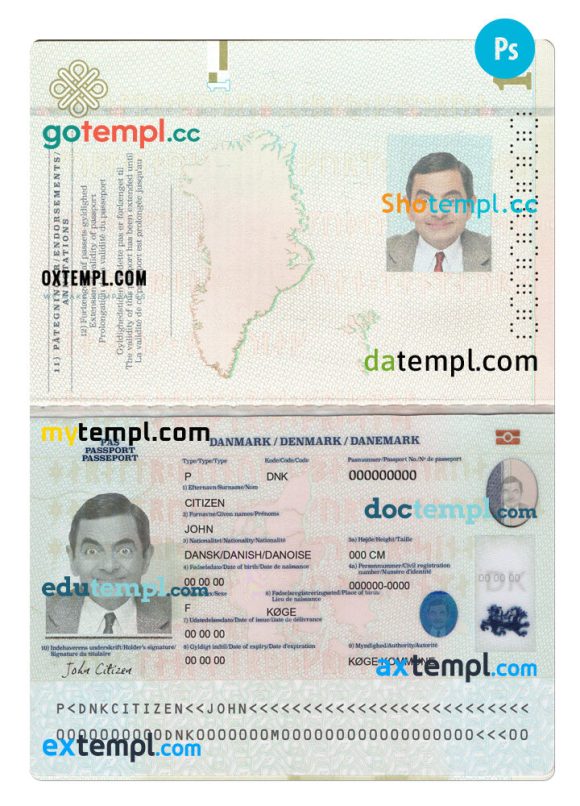 Denmark passport editable PSD files, scan and photo look templates, 2 in 1, 2022-present - Image 2