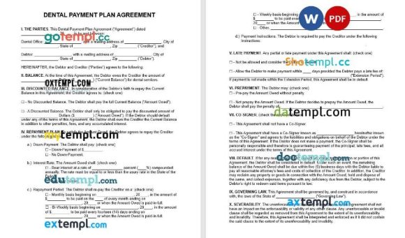 Dental Payment Plan Agreement Word example, fully editable