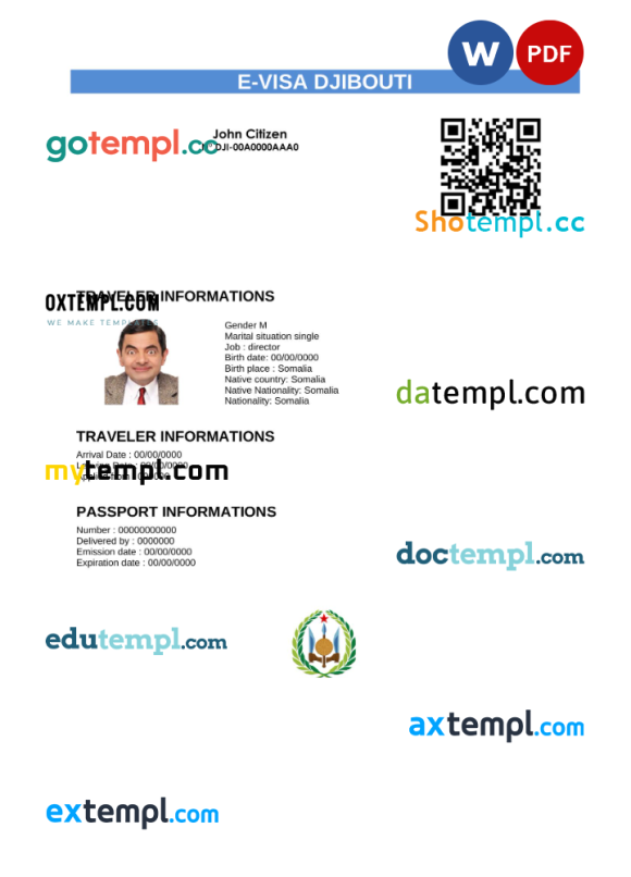 Djiboutian e-visa Word and PDF example, fully editable