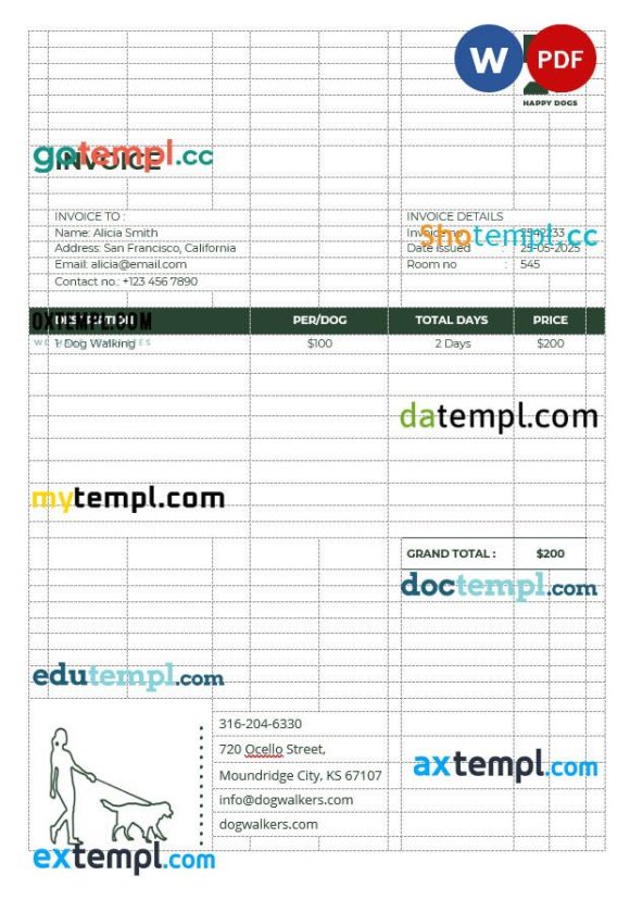 Dog Walker Invoice example in word and pdf format