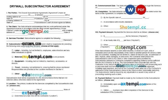Drywall Subcontractor Agreement Word example, fully editable