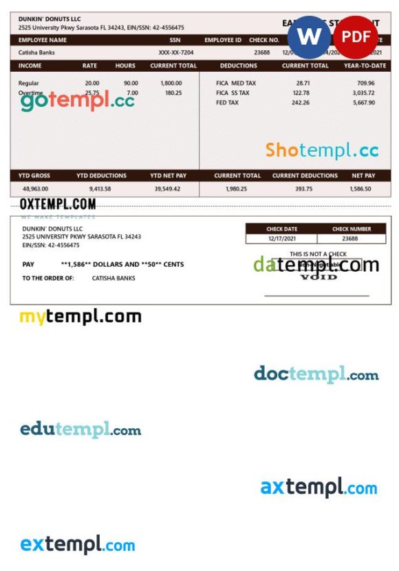 DUNKIN' DONUTS LLC earnings statement Word and PDF example