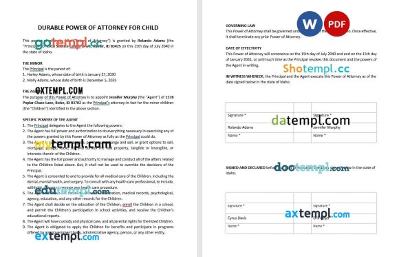 Durable Power of Attorney for Child example, fully editable